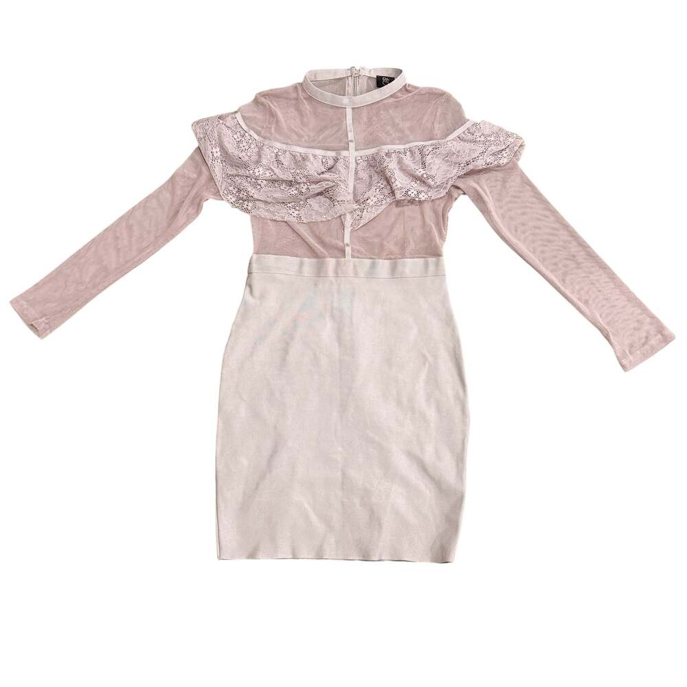 12th Blush Mesh and Lace Ruffle Bodycon Mini Dress